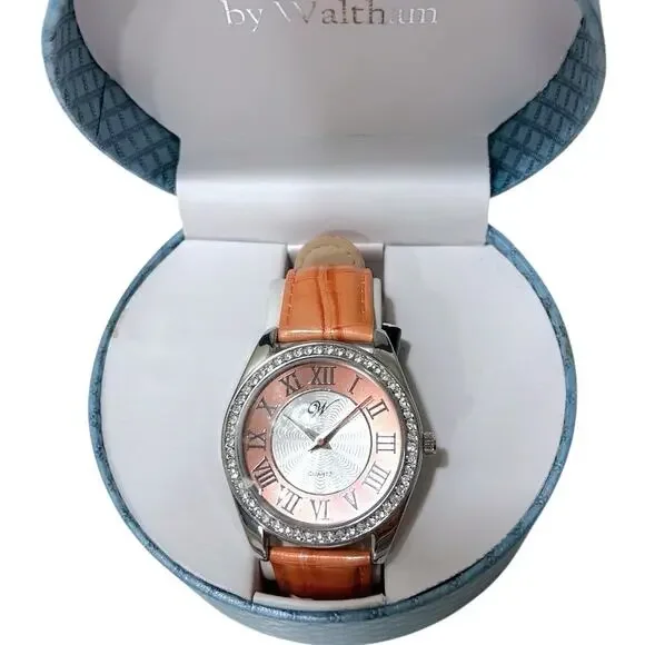 W by Waltham Womens Watch Orange Crock-Embossed Leather Strap Crystal Bezel NIB - Picture 1 of 8